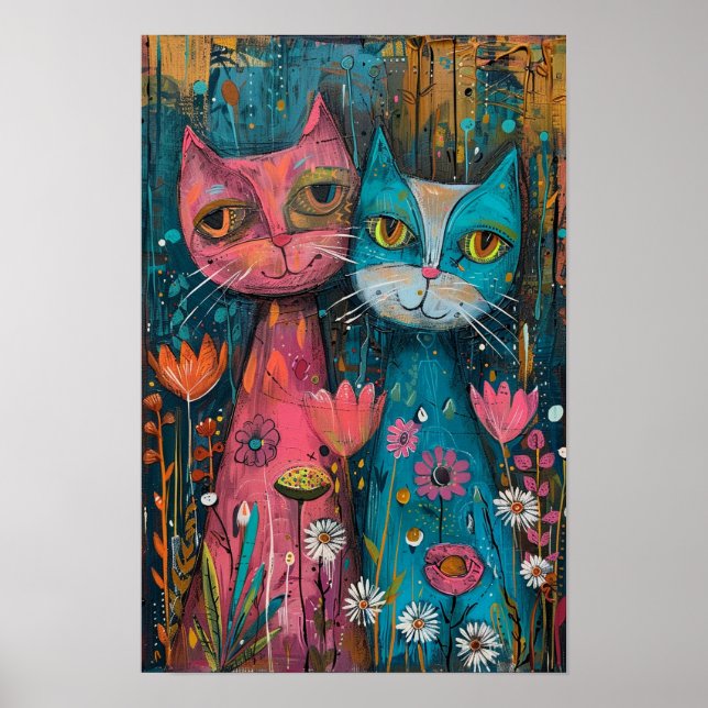 Blommigt Katter i Daisy Fält: Vibrant Art Biet Poster (Framsidan)
