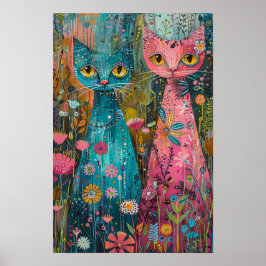 Blommigt Katter i Daisy Fält: Vibrant Art Biet Poster