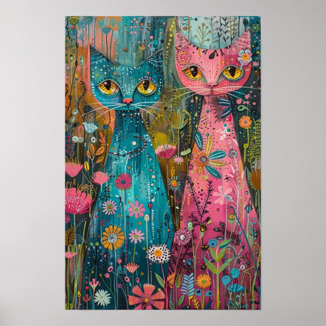 Blommigt Katter i Daisy Fält: Vibrant Art Biet Poster (Framsidan)