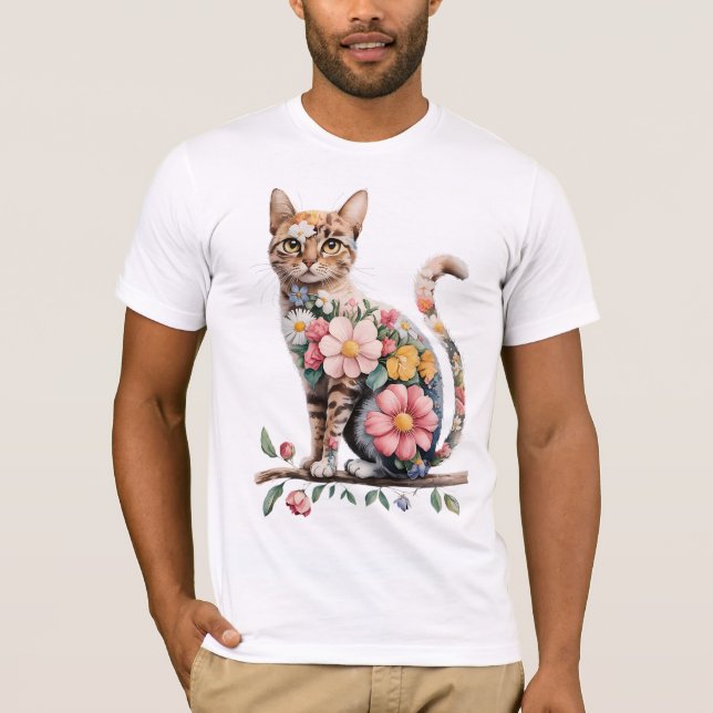 Blommigt katter Silhouette naturblommor kattälskar T Shirt (Framsida)