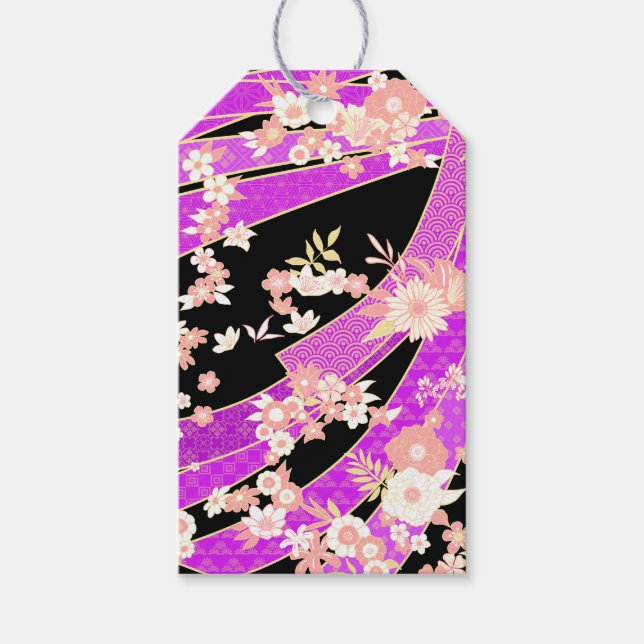 Blommigt Kimono Mönster Violet Rosa Presentetikett (Framsidan)