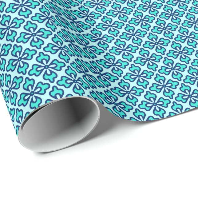 Blommigt kimono print, turkos, marin och akvatisk presentpapper (Rullad Hörn)