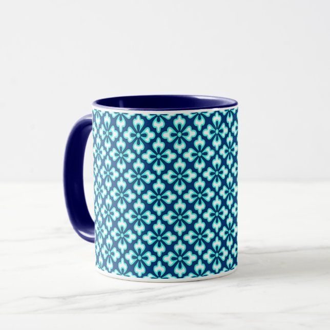 Blommigt kimono print, turquise och indigo mugg (Framsida vänster)
