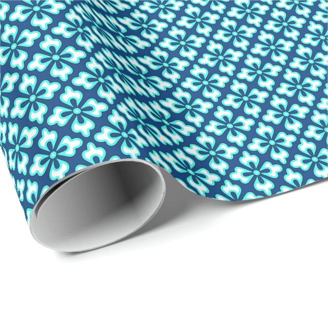 Blommigt kimono print, turquise och indigo presentpapper (Rullad Hörn)