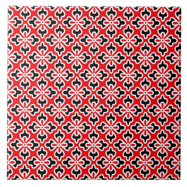 Blommigt Kimono-utskrift, röd, svart och vit Kakelplatta (Framsidan)