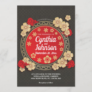 Blommigt Kinesiska Bröllop Inbjudningar