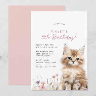 Blommigt Kitten Cute Cat Theme Girl's Födelsedagsf Inbjudningar