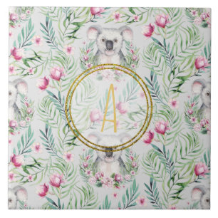 Blommigt KOALA BEAR Monogram Girls Bedroom Nursery Kakelplatta