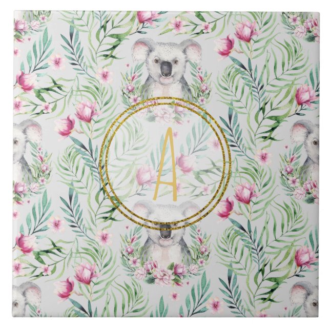 Blommigt KOALA BEAR Monogram Girls Bedroom Nursery Kakelplatta (Framsidan)