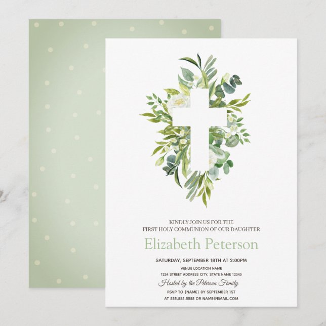Blommigt Kor Löv Doted First Heliga Communion Inbjudningar (Fram/baksida)