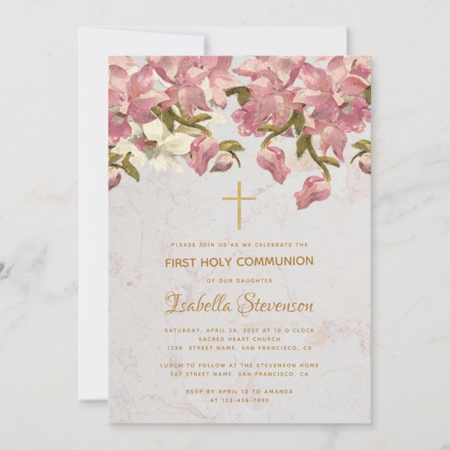Blommigt Kor Rosa Orchids Marble First Communion Inbjudningar (Framsida)