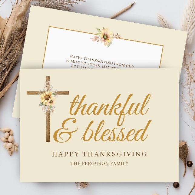 Blommigt Kor tacksamt välsignat Happy thanksgiving Julkort (elegant wooden cross with sunflower arrangement with thankful and blessed happy thanksgiving cards)