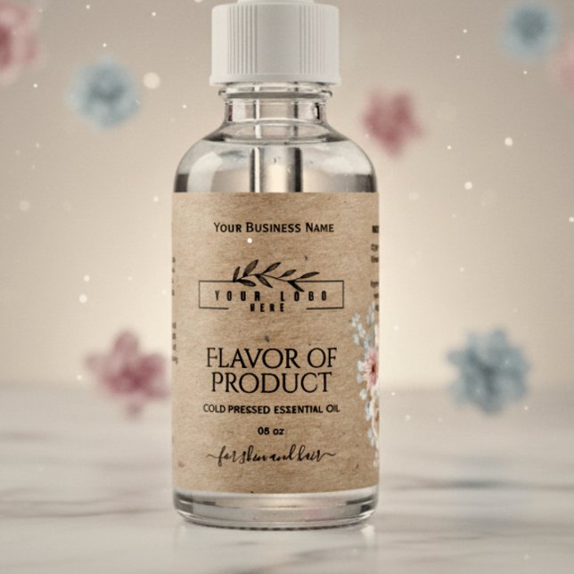 Blommigt kraf vid och logotyp Esential Oil Flaska- Fraktsedel (Skapare uppladdad)