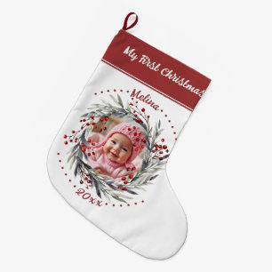 Blommigt krandbär Baby Första julfoto Stor Julstrumpa