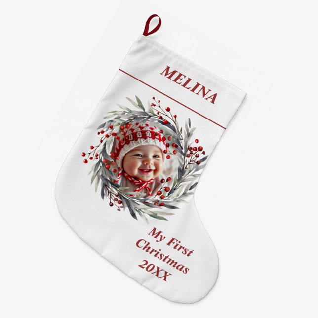 Blommigt krandbär Baby Första julfoto Stor Julstrumpa (Framsidan (Hängande))