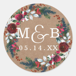 Blommigt Krandejul - Bröllop Monogram Sticker Runt Klistermärke