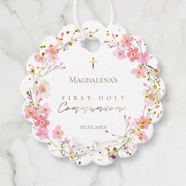 blommigt krans Första Heligan Kommunision Gåvor Etiketter (Framsida)