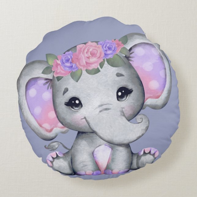 Blommigt Krona Elephant Round Pillow Rund Kudde (Baksidan)