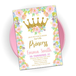 Blommigt Krona Princess Birthday Bjud Inbjudningar