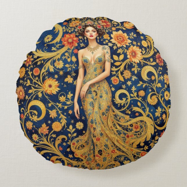 Blommigt Krona Rund Kudde (Framsidan)