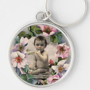 BLOMMIGT KRONA,VILD RO BABY SHOWER FOTO MALL RUND SILVERFÄRGAD NYCKELRING