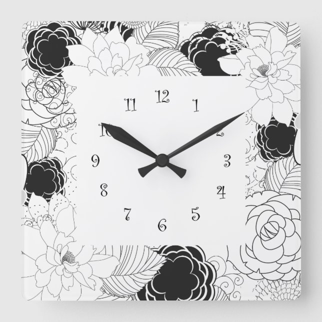 Blommigt Ktchen Wall Clocks - Black White Fyrkantig Klocka (Framsida)