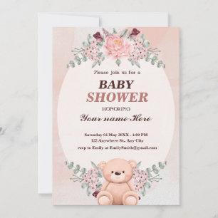 Blommigt Kute Bear Baby-duschinbjudningar för flic Inbjudningar