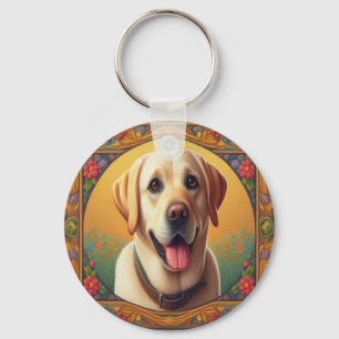 Blommigt Labrador Retriever Hund Colorful Gräns Nyckelring