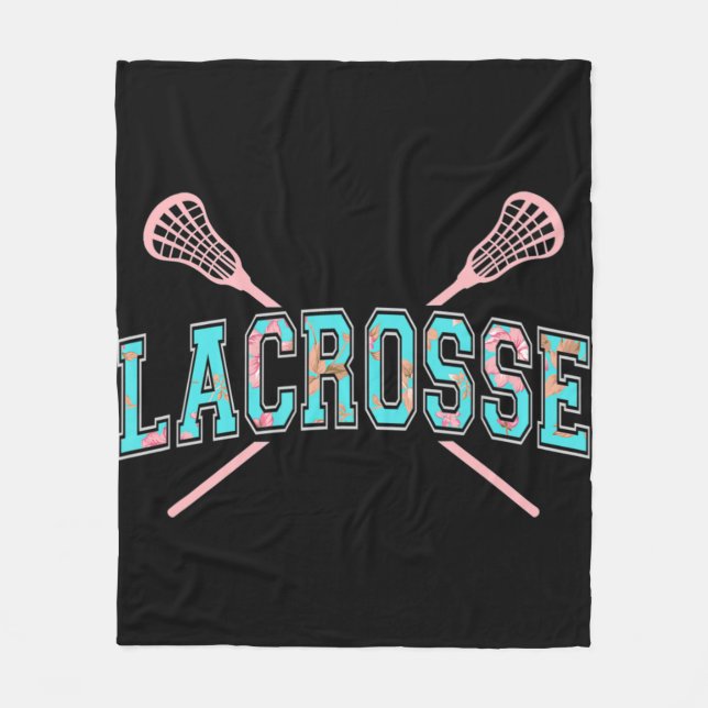Blommigt Lacrosse Crossed Sticks LAX Girly Teal Ro Fleecefilt (Framsidan)