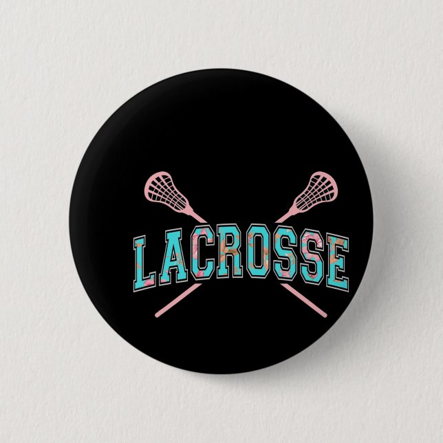 Blommigt Lacrosse Crossed Sticks LAX Girly Teal Ro Knapp (Framsida)