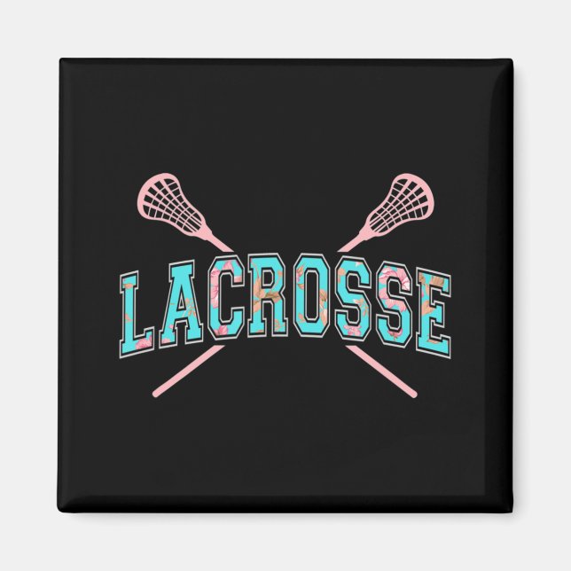Blommigt Lacrosse Crossed Sticks LAX Girly Teal Ro Magnet (Framsidan)