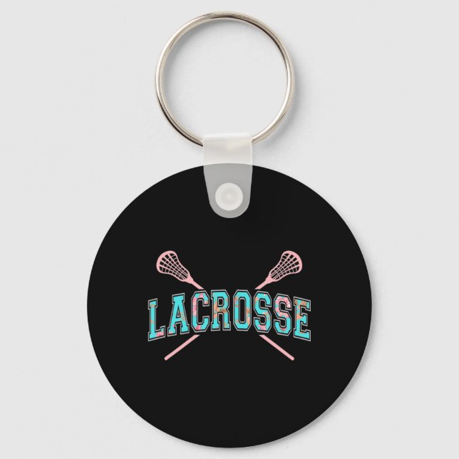 Blommigt Lacrosse Crossed Sticks LAX Girly Teal Ro Nyckelring (Framsida)