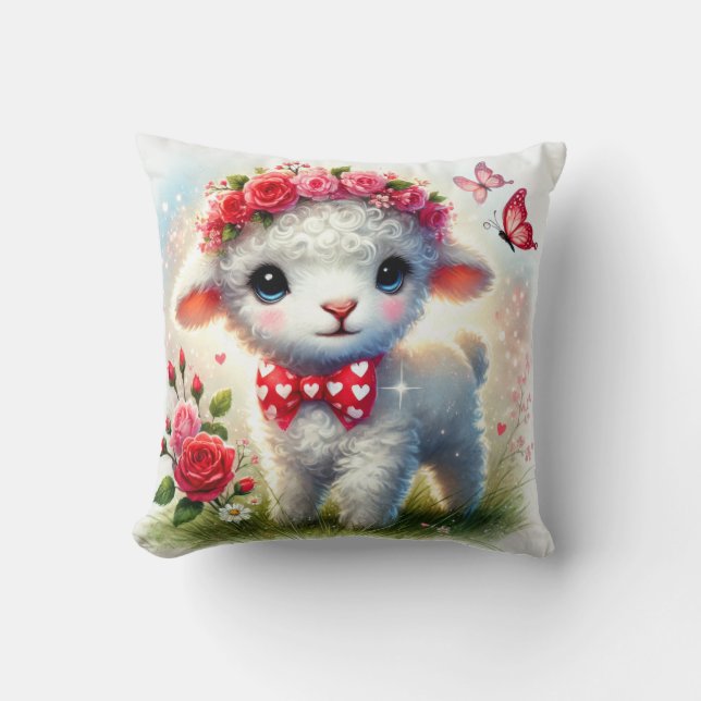 Blommigt Lamb - Söt Vår Pillow Kudde (Framsida)
