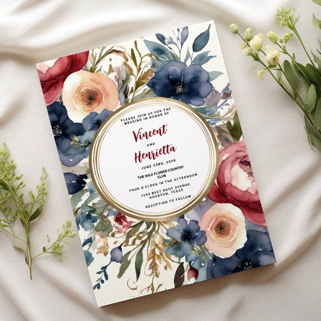 Blommigt land chic Bröllop Inbjudningar (Navy blue burgundy floral country chic Wedding)