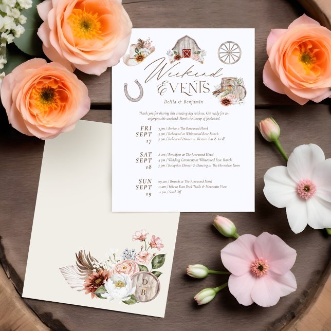 Blommigt Land Westerna Helg-kontinentalstraren Brö Tilläggskort (Floral Country Western Wedding Weekend Itinerary Enclosure Card)