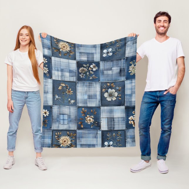 Blommigt lapptäcke mönster | Boho Denim Fleecefilt (På plats)