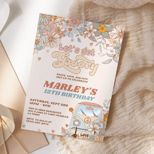 Blommigt Låt oss Hämta Groovy Retro-Födelsedagsfes Inbjudningar