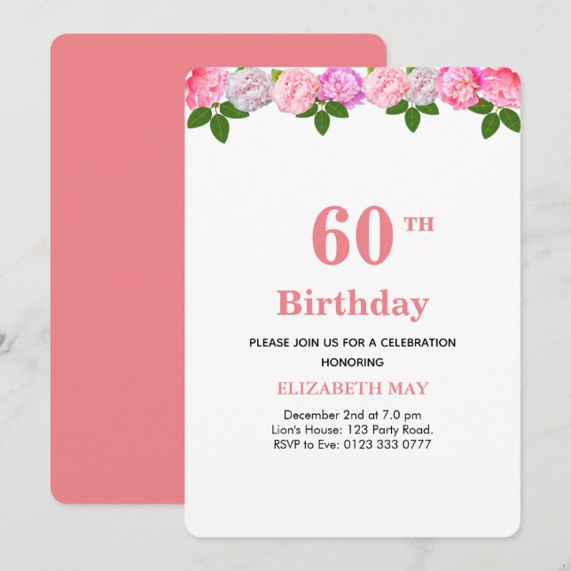Blommigt & Laurel Löv 40:e, 60:e födelsedagen Inbjudningar (Fram/baksida)