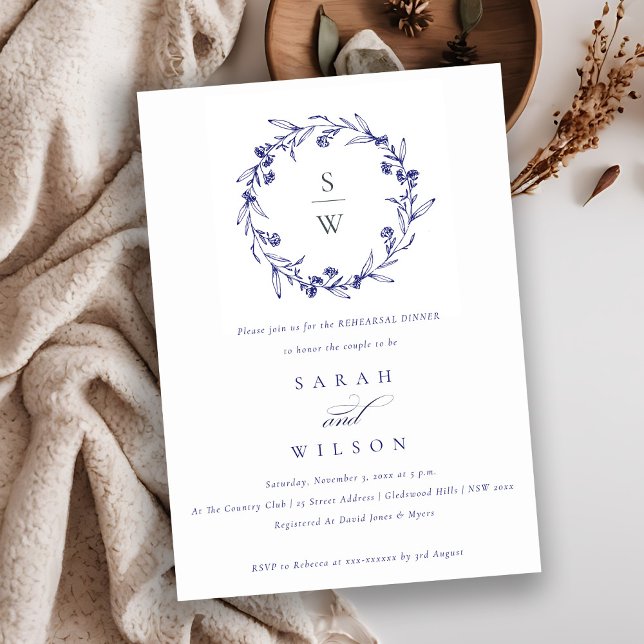 Blommigt Laurel Wandean Navy Blue Rehearsal Middag Inbjudningar (Skapare uppladdad)