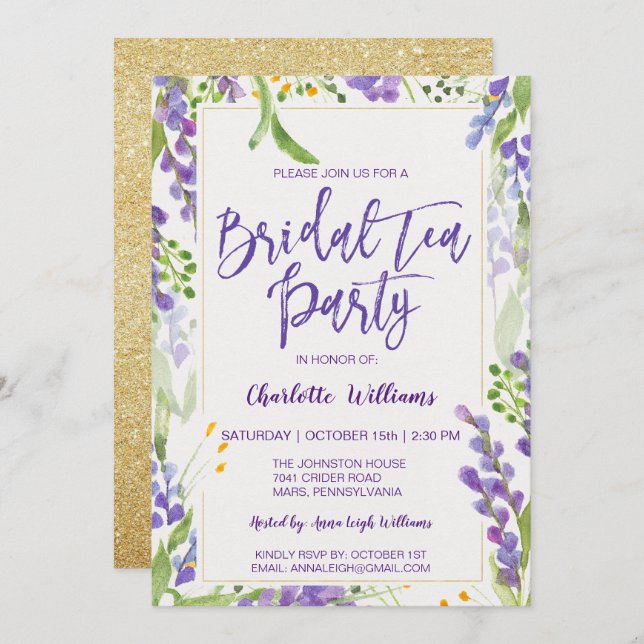 Blommigt Lavender & Guld Möhippa Tea Inbjudningar (Fram/baksida)