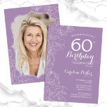 Blommigt Lavender Lila Photo 60:e Födelsedagsfeste Inbjudningar<br><div class="desc">Lila Lavender blommigt 60 Födelsedagsfest inbjudan med ditt foto på baksidan av kortet. Elegantens moderna utformning med botaniska konturaccenter för teckning och typsnitt för typgrafiska skript. Enkel inbjudan-kortsperfekt för trendig för en snyggt kvinna på dagen firande. Kan anpassas till vilken ålder som helst. Skrivna Zazzle-inbjudningar eller digital utskrivbar mall för...</div>