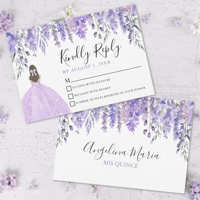 Blommigt Lavender Lila Quinceanera OSA kort (Floral Lavender Purple Quinceanera RSVP Card)