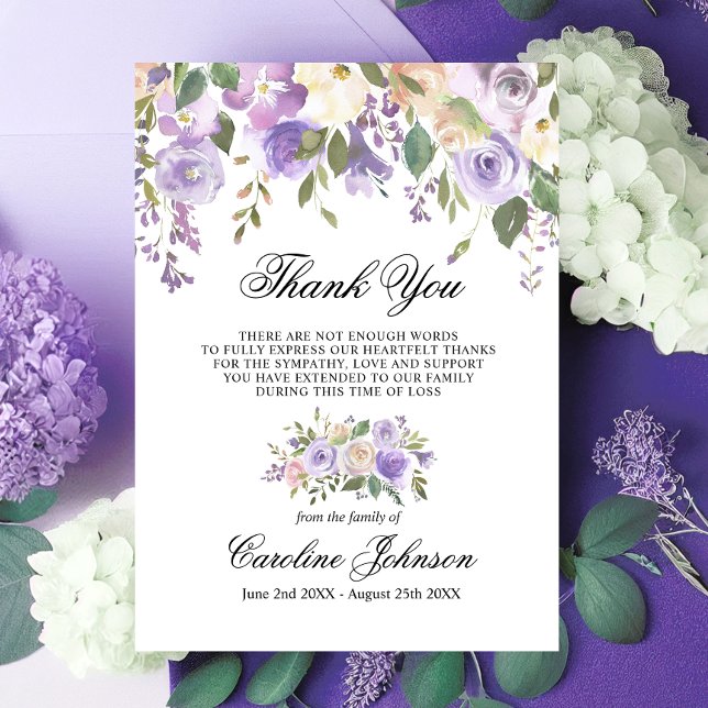 Blommigt Lavender Tack Sympathy Memorial Prayer Kort (Floral Lavender Thank You Sympathy Memorial Prayer)