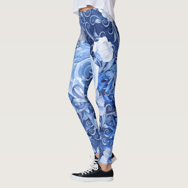 Blommigt Leggings, 1 blå bläddringsdesigner Leggings (Vänster)