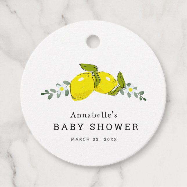 Blommigt Lemon Citrus White Baby Shower Gåvor Etiketter (Framsida)
