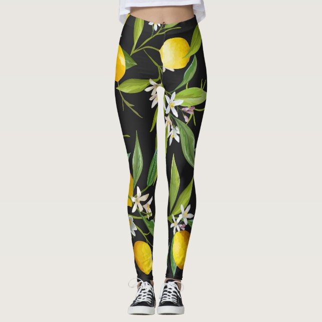 Blommigt Lemon Fruits Vintage Mönster Leggings (Framsida)