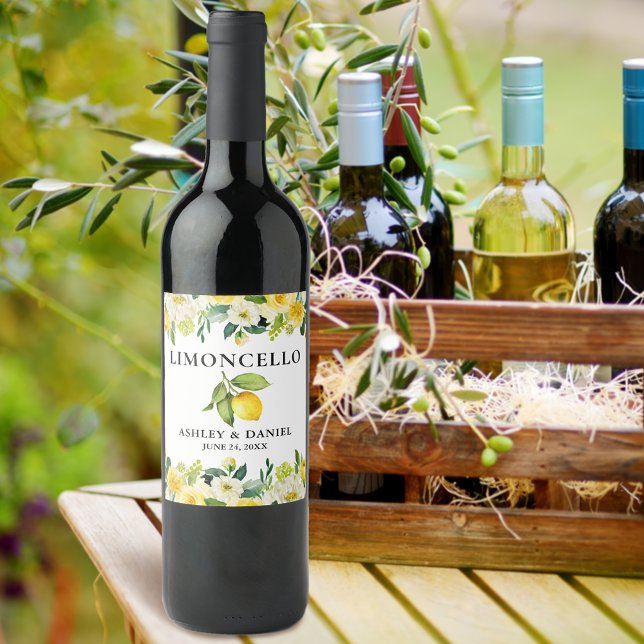 Blommigt Lemon Limoncello Bröllop Flaska-etikett Spritflaskor Etikett (Customize to change text size, color or text style.)