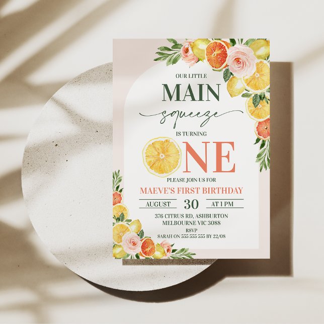 Blommigt Lemon-Orange - vår viktigaste fråga, förs Inbjudningar (Our main squeeze is turning one 1st birthday invitation featuring lemons, oranges and flowers.)