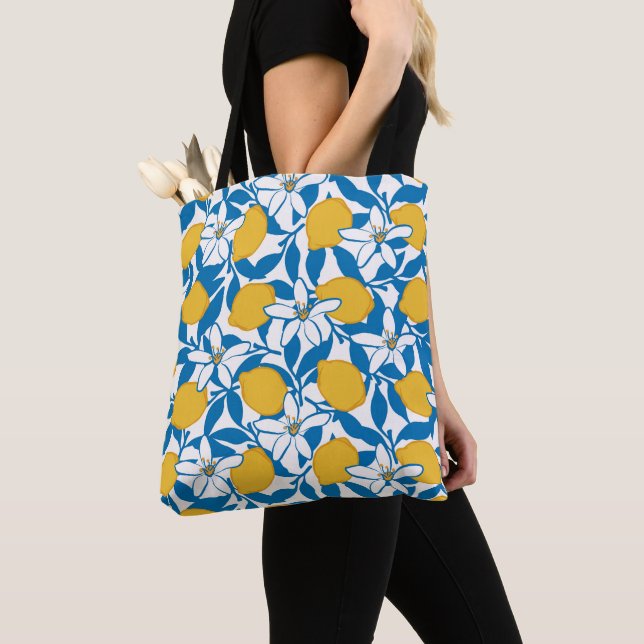 Blommigt Lemon Sketch Hand plockade - Tote Bag Tygkasse (Närbild)