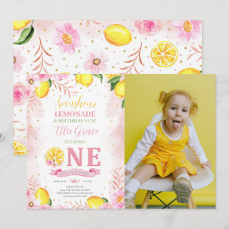 Blommigt Lemonade 1:a födelsedagsfoto Inbjudningar